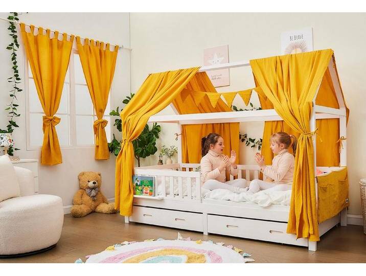 Alavya Home® Vorhang Komplett SET mit Hausbett DEKO, Schlaufen (2 St), Lichtschutz, 100% Bio-Musselin Baumwolle, Vorhänge 100 x 150 cm Kurz 2er-Set für Kinderzimmer von Alavya-Home
