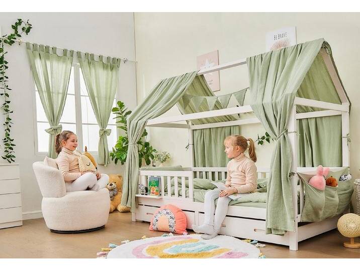 Alavya Home® Vorhang Komplett SET mit Hausbett DEKO, Schlaufen (2 St), Lichtschutz, 100% Bio-Musselin Baumwolle, Vorhänge 100 x 150 cm Kurz 2er-Set für Kinderzimmer von Alavya-Home