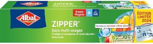 Albal Zipper-Beutel, mittelgroß, Modell 3L, 70% recycelte Ressourcen, sehr sicherer Schieberverschluss, strapazierfähig, spülmaschinenfest, lebensmittelecht, 27 x 24 cm von Albal