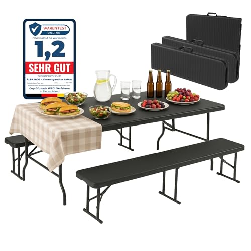 Albatros Bierzeltgarnitur 3-teilig – Tisch & 2 Bänke klappbar – Rattan-Optik, wetterfest, 10 Personen – Outdoor Sitzgruppe, 182 cm, belastbar bis 500 kg, schwarz von Albatros International