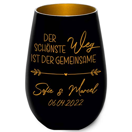 Hochzeitsgeschenk - Windlicht - Der schönste Weg ist der gemeinsame - Schwarz/Gold - personalisierbar - Gravur Namen und Datum - Liebe - Valentinstag - Jahrestag von Albcraft MADE WITH LOVE