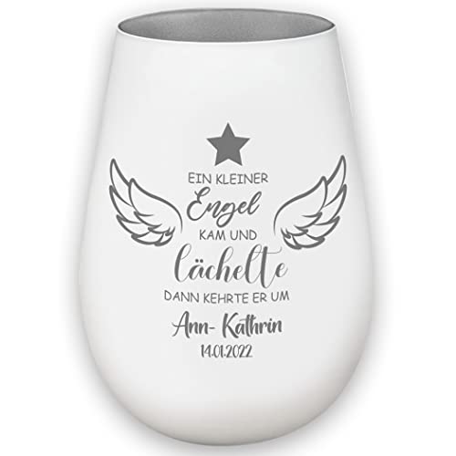 Sternenkind Trauerlicht - EIN Kleiner Engel kam und lächelte - weiß/Silber - Gedenklicht Teelichtglas personalisierbar Erinnerung Trauergeschenk mit Name und Datum von Albcraft MADE WITH LOVE