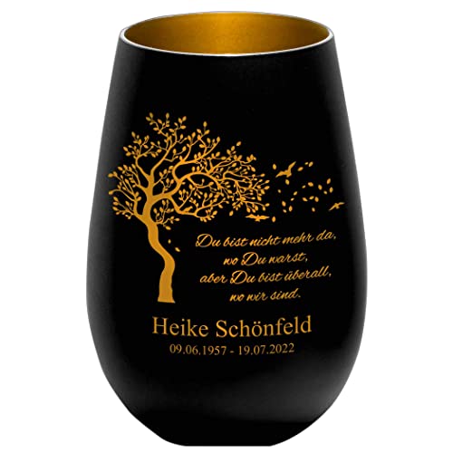 Trauerlicht - Du bist Nicht mehr da, wo Du warst, Aber Du bist überall, wo wir sind - schwarz/Gold - Gravur Namen und Datum - Gedenklicht Erinnerungslicht Grablicht Trauergeschenk von Albcraft MADE WITH LOVE