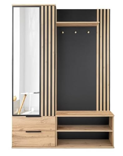 Albello Flurgarderoben Garderobenschrank Luis Garderobe Kleiderschrank mit Spiegel Großer Kleiderschrank für Kleidung Kompaktgarderobe Standschrank aus Holz 140 cm x 40 cm x 200 cm Schwarz Eiche von Albello