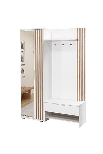 Albello Flurgarderoben Garderobenschrank Milano Garderobe Kleiderschrank mit Spiegel Großer Kleiderschrank für Kleidung Kompaktgarderobe 140 cm x 40 cm x 200 cm Weiß/Schwarz Wotan Eiche (Weiß2) von Albello