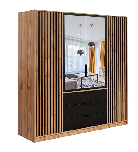 Albello Baro Kleiderschrank mit Spiegel Schlafzimmerschrank Großer Geräumiger Schrank Standschrank für das Schlafzimmer Garderobenschränke 196 cm x 57.5 cm x 200 cm Schwarz von Albello