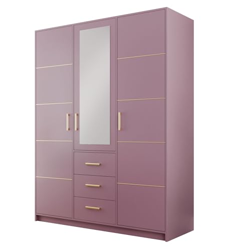 Albello - Kleiderschrank 147 cm x 57.5 cm x 200 cm Blame, Schrank mit Spiegel, Großer Garderobenschrank, Schrank Wohnzimmer aus Holzwerkstoff, Schrank Schlafzimmer - Plum, Violet/Rose von Albello