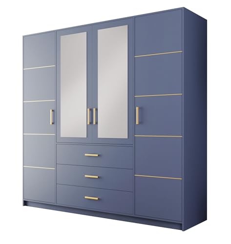 Albello - Kleiderschrank 196 cm x 57.5 cm x 200 cm Blame, Schrank mit Spiegel, Großer Garderobenschrank, Schrank Wohnzimmer aus Holzwerkstoff, Schrank Schlafzimmer - Blau Dull Blue von Albello