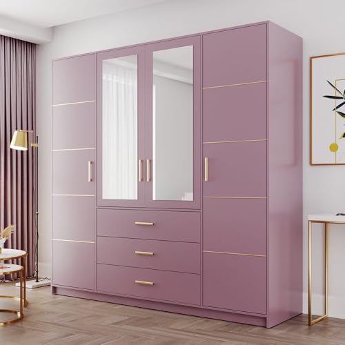 Albello - Kleiderschrank 196 cm x 57.5 cm x 200 cm Blame, Schrank mit Spiegel, Großer Garderobenschrank, Schrank Wohnzimmer aus Holzwerkstoff, Schrank Schlafzimmer - Plum/Violet/Rose von Albello