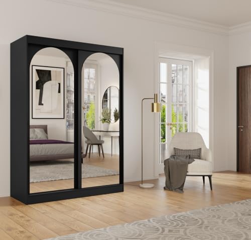 Albello Kleiderschrank Classy Schwarz 150x65x215 cm – Moderner Schrank mit Spiegel & Schiebetüren – mit 5 Fächern & Kleiderstange – Spiegelfront platzsparend – MDF 16 mm – für Schlafzimmer Flur Albello Kleiderschrank Classy Schwarz 150x65x215 cm – Moderner Schrank mit Spiegel & Schiebetüren – mit 5 Fächern & Kleiderstange – Spiegelfront platzsparend – MDF 16 mm – für Schlafzimmer Flur von Albello