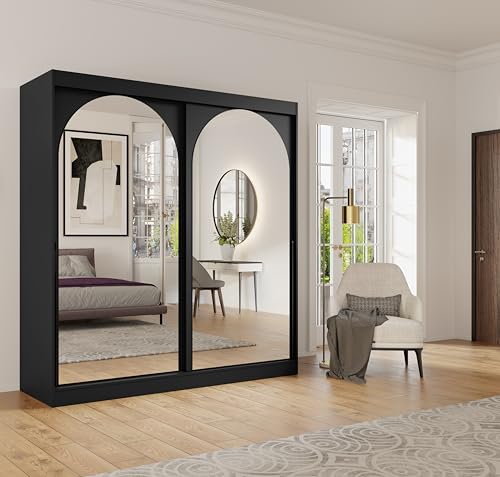 Albello Kleiderschrank Classy Schwarz 200x65x215 cm – Moderner Schrank mit Spiegel & Schiebetüren – mit 5 Fächern & Kleiderstange – Spiegelfront platzsparend – MDF 16 mm – für Schlafzimmer Flur Albello Kleiderschrank Classy Schwarz 200x65x215 cm – Moderner Schrank mit Spiegel & Schiebetüren – mit 5 Fächern & Kleiderstange – Spiegelfront platzsparend – MDF 16 mm – für Schlafzimmer Flur von Albello