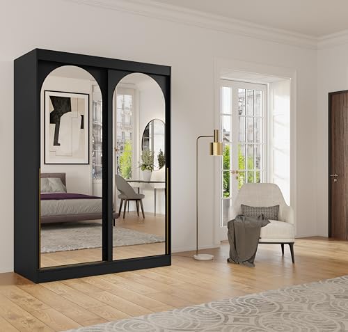 Albello Kleiderschrank Classy Schwarz Gold 150x65x215 cm – Moderner Schrank mit Spiegel & Schiebetüren – mit 5 Fächern & Kleiderstange – Spiegelfront platzsparend – MDF 16 mm – für Schlafzimmer Flur Albello Kleiderschrank Classy Schwarz Gold 150x65x215 cm – Moderner Schrank mit Spiegel & Schiebetüren – mit 5 Fächern & Kleiderstange – Spiegelfront platzsparend – MDF 16 mm – für Schlafzimmer Flur von Albello