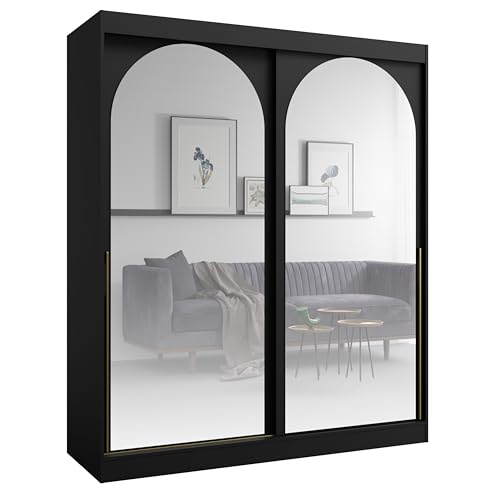 Albello Kleiderschrank Classy Schwarz Gold 180x65x215 cm – Moderner Schrank mit Spiegel & Schiebetüren – mit 5 Fächern & Kleiderstange – Spiegelfront platzsparend – MDF 16 mm – für Schlafzimmer Flur Albello Kleiderschrank Classy Schwarz Gold 180x65x215 cm – Moderner Schrank mit Spiegel & Schiebetüren – mit 5 Fächern & Kleiderstange – Spiegelfront platzsparend – MDF 16 mm – für Schlafzimmer Flur von Albello