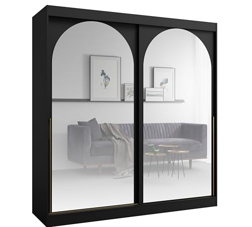 Albello Kleiderschrank Classy Schwarz Gold 200x65x215 cm – Moderner Schrank mit Spiegel & Schiebetüren – mit 5 Fächern & Kleiderstange – Spiegelfront platzsparend – MDF 16 mm – für Schlafzimmer Flur Albello Kleiderschrank Classy Schwarz Gold 200x65x215 cm – Moderner Schrank mit Spiegel & Schiebetüren – mit 5 Fächern & Kleiderstange – Spiegelfront platzsparend – MDF 16 mm – für Schlafzimmer Flur von Albello