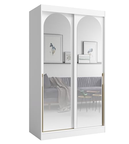 Albello Kleiderschrank Classy Weiß Gold 120x65x215 cm – Moderner Schrank mit Spiegel & Schiebetüren – mit 5 Fächern & Kleiderstange – Spiegelfront platzsparend – MDF 16 mm – für Schlafzimmer Flur Albello Kleiderschrank Classy Weiß Gold 120x65x215 cm – Moderner Schrank mit Spiegel & Schiebetüren – mit 5 Fächern & Kleiderstange – Spiegelfront platzsparend – MDF 16 mm – für Schlafzimmer Flur von Albello