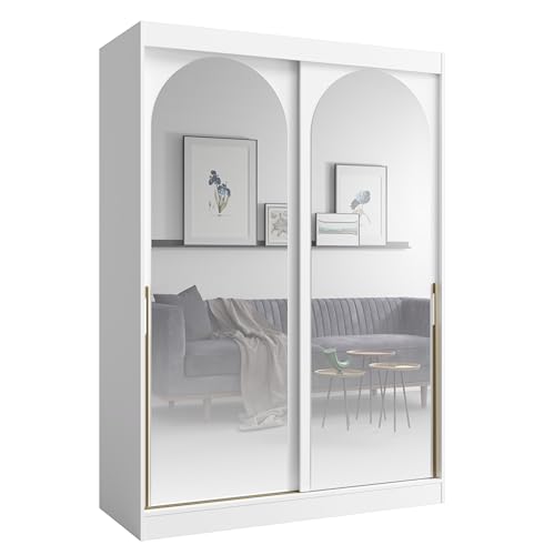 Albello Kleiderschrank Classy Weiß Gold 150x65x215 cm – Moderner Schrank mit Spiegel & Schiebetüren – mit 5 Fächern & Kleiderstange – Spiegelfront platzsparend – MDF 16 mm – für Schlafzimmer Flur Albello Kleiderschrank Classy Weiß Gold 150x65x215 cm – Moderner Schrank mit Spiegel & Schiebetüren – mit 5 Fächern & Kleiderstange – Spiegelfront platzsparend – MDF 16 mm – für Schlafzimmer Flur von Albello