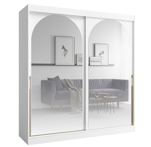 Albello Kleiderschrank Classy Weiß Gold 200x65x215 cm – Moderner Schrank mit Spiegel & Schiebetüren – mit 5 Fächern & Kleiderstange – Spiegelfront platzsparend – MDF 16 mm – für Schlafzimmer Flur Albello Kleiderschrank Classy Weiß Gold 200x65x215 cm – Moderner Schrank mit Spiegel & Schiebetüren – mit 5 Fächern & Kleiderstange – Spiegelfront platzsparend – MDF 16 mm – für Schlafzimmer Flur von Albello