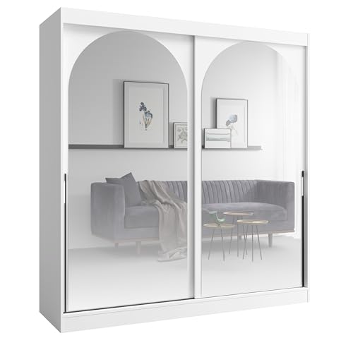 Albello Kleiderschrank Classy Weiß Schwarz 200x65x215 cm – Moderner Schrank mit Spiegel & Schiebetüren – mit 5 Fächern & Kleiderstange – Spiegelfront platzsparend – MDF 16 mm – für Schlafzimmer Flur von Albello