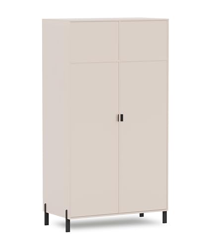 Albello Kleiderschrank Creamy Beige – Großer Schrank 2-türig mit Regal & Kleiderstange 109x57x202 cm – Moderner Kleiderschrank mit Stauraum Schlafzimmer Garderobenschrank Flurschrank Holz Schwarz von Albello