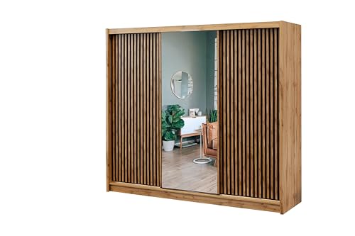 Albello Londo Kleiderschrank mit Spiegel Schlafzimmerschrank Schiebetürenschrank Standschrank für das Schlafzimmer Dreitüriger Schrank Garderobenschrank 250 cm 60,5 cm 215cm Schwarz/Wotan Eiche von Albello