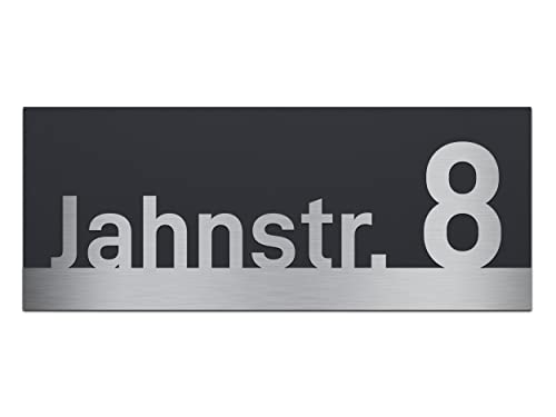 AlbersDesign Edelstahl Hausnummer personalisiert mit Straße und Hausnummer mit 3D-Effekt Anthrazit von AlbersDesign
