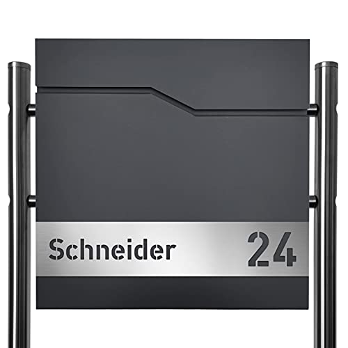 AlbersDesign - Personalisierter Briefkasten individuell mit Ihrem Namen in anthrazit (RAL7016) / mit Edelstahl-Schild, als Wand- oder Standbriefkasten von AlbersDesign