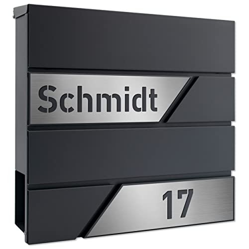 AlbersDesign - Personalisierter Design Briefkasten individuell mit Name/Anthrazit (RAL7016) - mit individuellen Edelstahl-Schildern von AlbersDesign