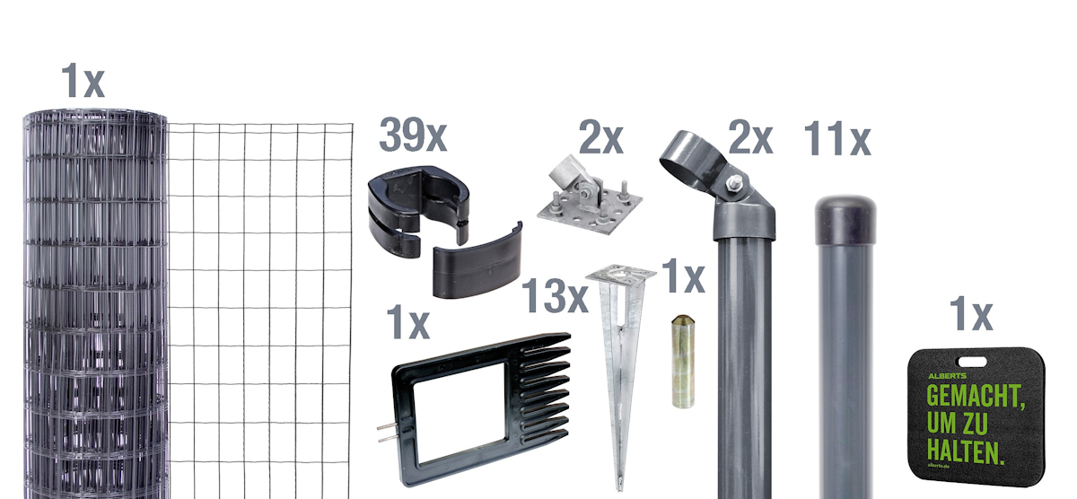 Alberts® Schweißgitter Fix-Clip Pro 15 - 100 Meter mit Bodenhülse-anthrazit-25 m-1040 mm-Komplettset von Alberts
