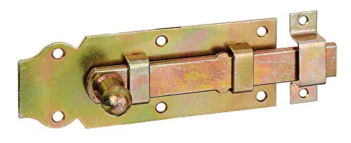 Alberts 115401 Türriegel | gerade, mit Knopfgriff und befestigter Schlaufe | galvanisch gelb verzinkt | Platte 140 x 52 mm von Alberts