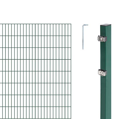 Alberts 652982 Doppelstabmattenzaun als 24 tlg. Zaun-Komplettset mit Klemmlasche 6-5-6 mm Stahldraht verschiedene Längen und Höhen grün von Alberts