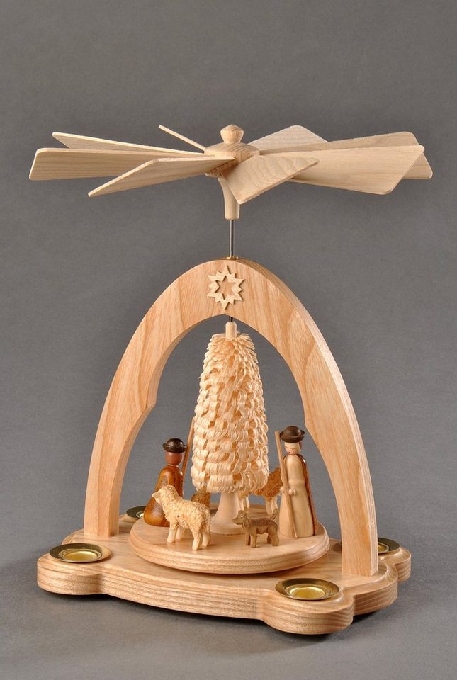 Albin Preissler Weihnachtspyramide Schäfer mit Schafen und gedrechseltem Ringelbäumchen, Weihnachtsdeko, Handwerkskunst aus dem Erzgebirge von Albin Preissler