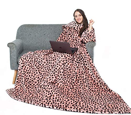 Alcea Rosea Tragbare Decke SHU Velveteen Soft Plüsch TV-Decke mit Ärmeln und Hinterfüßen Tasche, gemütlich, Überwurf Robe für Frauen-79 '' x 60 '' (Rosa Leopard, 79'' x 60'') von Alcea Rosea