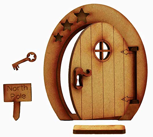Feentür zum Öffnen mit Schild mit engl. Aufschrift "North Pole", festliche dreidimensionale Feentür aus Holz, zum Öffnen, Selbstmontage-Set mit Fußmatte, Schild und Schlüssel von Alchemy Engraving