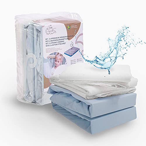 ALCUBE 4er Set aus wasserdichter Matratzenauflage und Baumwoll-Spannbettlaken für Baby und Kinder - Verschiedene Größen - (blau 60x120 cm) von Alcube