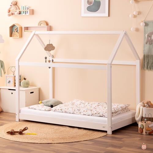 Alcube® HOLMI Kinderbett 80 x 160 cm, Montessori Bodenbett inkl. Lattenrost für Jungen und Mädchen aus Kiefer Massivholz Hausbett 80x160 - Bett in Weiß von Alcube