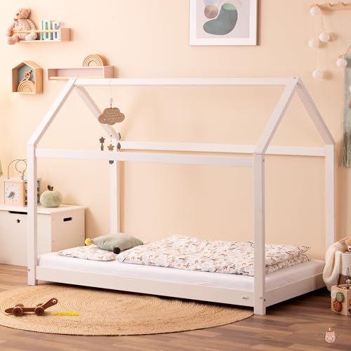 Alcube® Hausbett 90x200 im Montessori Stil für Kleinkinder mit Matratze, Lattenrost und Dach für Mädchen und Jungen - Kinderbett 90x200 Bodentief aus massivem Kiefernholz - Bett in Weiß von Alcube