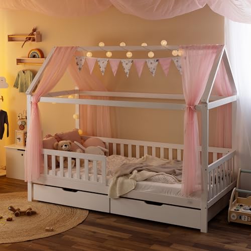 Alcube Hausbett Deko Set mit Baldachin, Wimpel und Lichterkette für Hausbetten bis zu 2m Länge in Rosa für Jungen I Mädchen Deko für Kinderzimmer I Babyzimmer, Betthimmel lädt Kind zum Träumen EIN von Alcube