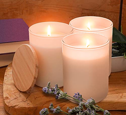 Bruchsichere Duftkerze im weißen Glas, groß, mit Lavendel & Geranium zur Entspannung, mit bis zu 50 Stunden Brenndauer, Einzeln oder als Set, Geschenkset (Lavendel & Geranie - 3er-Set) von Alcube