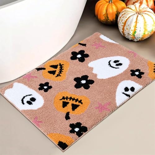 Aldopein Badematte mit niedlichem Kürbis für Halloween, 40,6 x 61 cm (B x L), Mikrofaser, gruselig, gruselig, Blumenmuster, ästhetischer Badezimmerteppich, rutschfest, waschbar, lustiger Jack-O von Aldopein
