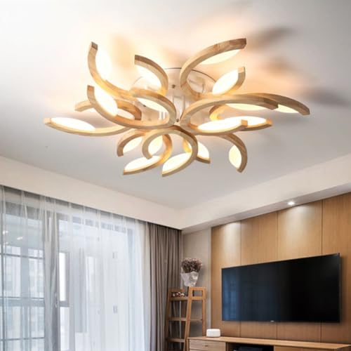 Aleaty Holz LED Deckenleuchte Dimmbar Blütenform Deckenlampe mit Fernbedienung Bürodeckenleuchten Moderne Schlafzimmerlampe Mit Fernbedienung Lampe FüR Wohnzim Büro Küche Beleuchtung (9-Köpfe) von Aleaty