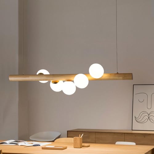 Aleaty Holz Pendelleuchte mit G9 Leuchtmittel Retro Hängelampe Höhenverstellbar Esstischlampe Modern Linear Design Küche Esszimmerlampe Wohnzimmer Deckenleuchte (L80cm) von Aleaty