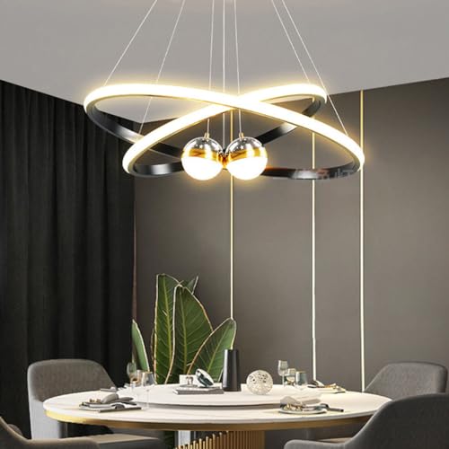 Aleaty LED Esstisch Pendelleuchte Dimmbar Modern Esstisch Hängeleuchte Esszimmer Hängelampe mit Fernbedienung Design Büro Kronleuchter Küchen LED Deckenleuchten (Schwarz, 2-Ringe (40+60cm)) von Aleaty