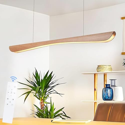 Aleaty LED Holz Esstisch Pendelleuchte Dimmbare Hängelampe Linear Pendellampe Esstischlampe Fernbedienung Modernes Design Kronleuchter Einstellbare Farbtemperatur/Helligkeit/Höhe (L100cm/32W) von Aleaty