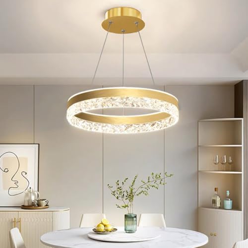 Aleaty LED Kronleuchter Neuer Moderner High-End Restaurant Hängeleuchte Ring Deckenlampe mit Kristallform Acryl Dimmbar Fernbedienung Einstellbares Rundes Pendelleuchte (Gold) von Aleaty