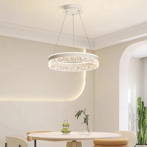 Aleaty LED Kronleuchter Neuer Moderner High-End Restaurant Hängeleuchte Ring Deckenlampe mit Kristallform Acryl Dimmbar Fernbedienung Einstellbares Rundes Pendelleuchte (Weiß) von Aleaty