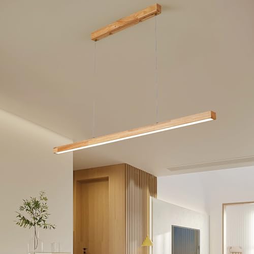 Aleaty LED Lineare Pendelleuchte Esszimmer aus Holz Hängelampe Modern Dimmbar Esszimmerlampe mit Fernbedienung Küchenlampe Höhenverstellbar Holzlampe für Esszimmer Wohnzimmer Küche (Holz, L120cm) von Aleaty
