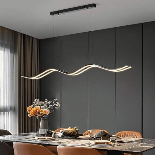 Aleaty Moderne Dimmbar Pendelleuchte LED Wave Hängelampe mit Fernbedienung Memory-Funktion Pendellampe Höhenverstellbar Kronleuchter Wohnzimmer Esszimmerlampen (Schwarz, L120cm) von Aleaty