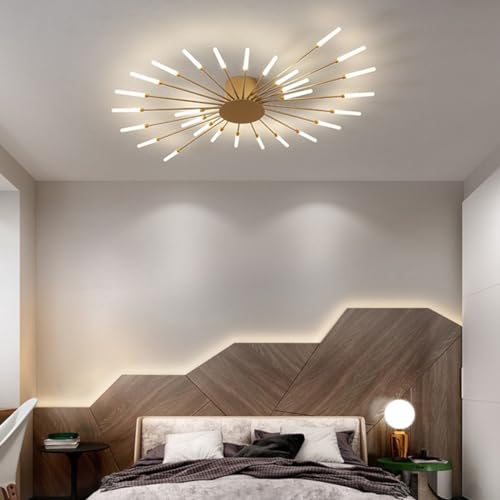 Aleaty Moderne LED-Deckenleuchte Dimmbar 42 Köpfe Unterputz-Deckenlampe Acryl-Lampenschirm-Kronleuchter für Esszimmer Schlafzimmer Wohnzimmer 3000-6000K Feuerwerk Licht (Gold, 28 Lampenköpfe) von Aleaty