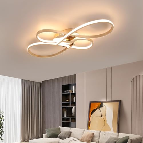 Dimmbare Wohnzimmer Deckenleuchte LED Moderne Deckenlampe mit Fernbedienung Schlafzimmer Lampe Esszimmer Hängelampe für Wohnzimmer Pendellampe e Für Schlafzimmer Esszimmer Küche Lampe (Gold, L80cm) von Aleaty