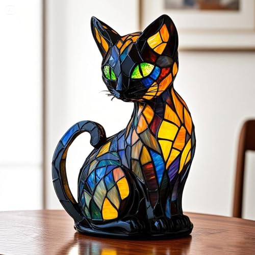 Alecony Katzenlampe Kunstharz Retro Buntglas Tischlampe Tier Serie Mosaik Tiffany Nachtlicht Vintage für Kinder Mädchen Hausdekoration Geschenk Einfach Aufstellen Leuchtende Katze von Alecony
